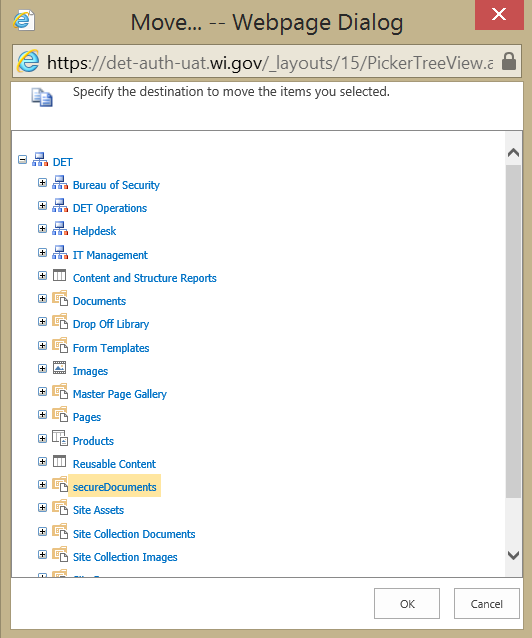 SharePoint Content and Structure move dialog box